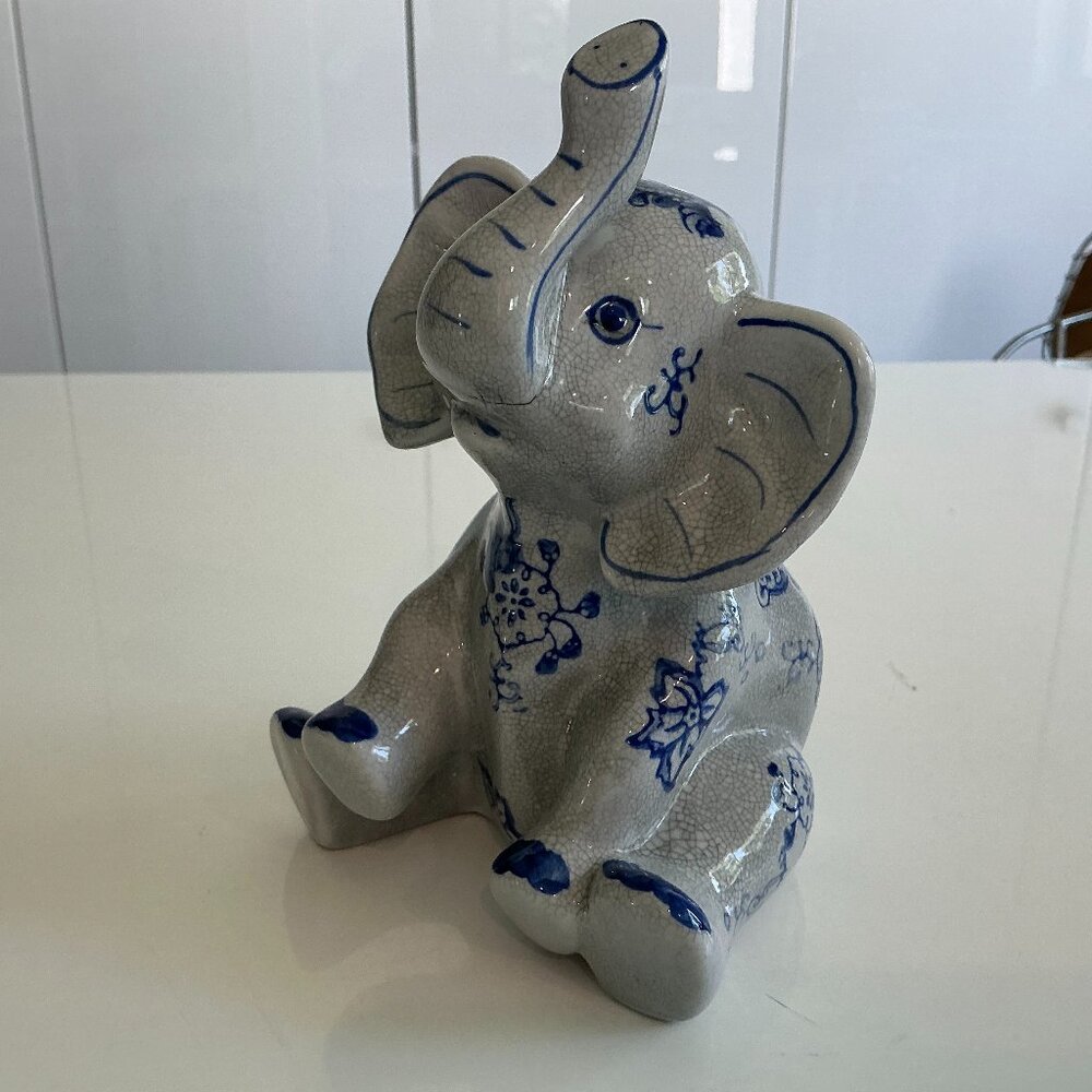 Formalities By Baum Bros. Crackle Blue Gray Lucky Elephant Ceramic Figurine